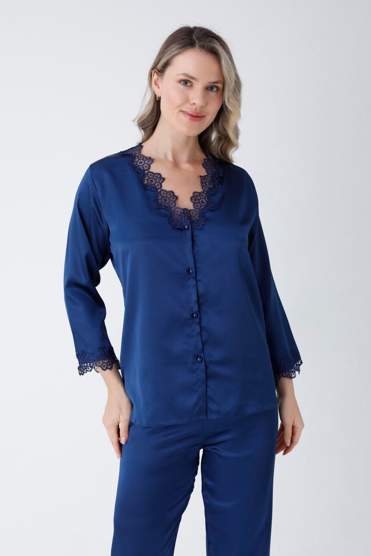 Satin Navy Blue Nightgown Set